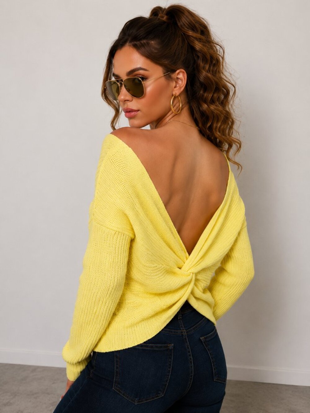 Yellow Twist Back Lightweight Knit Sweater Open Back NWT